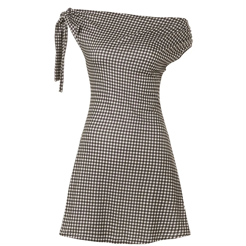 Checkered Off-Shoulder A-Line Dress